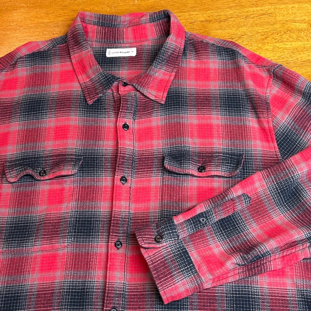 Lucky Brand Mens 3XL Red Black Plaid Flannel Button Down Shirt Cotton RN 80318
